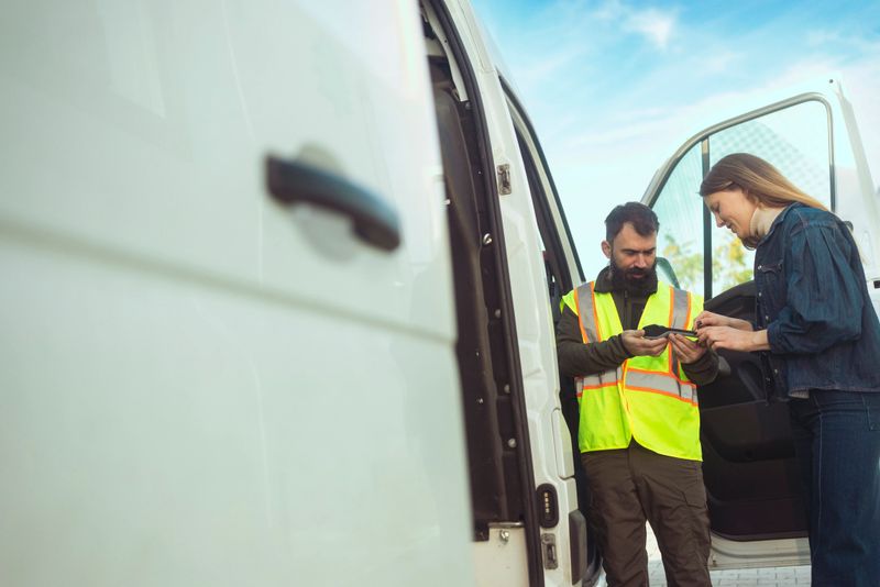 Delivery Man Holding Payment Terminal While Customer Signing for Package