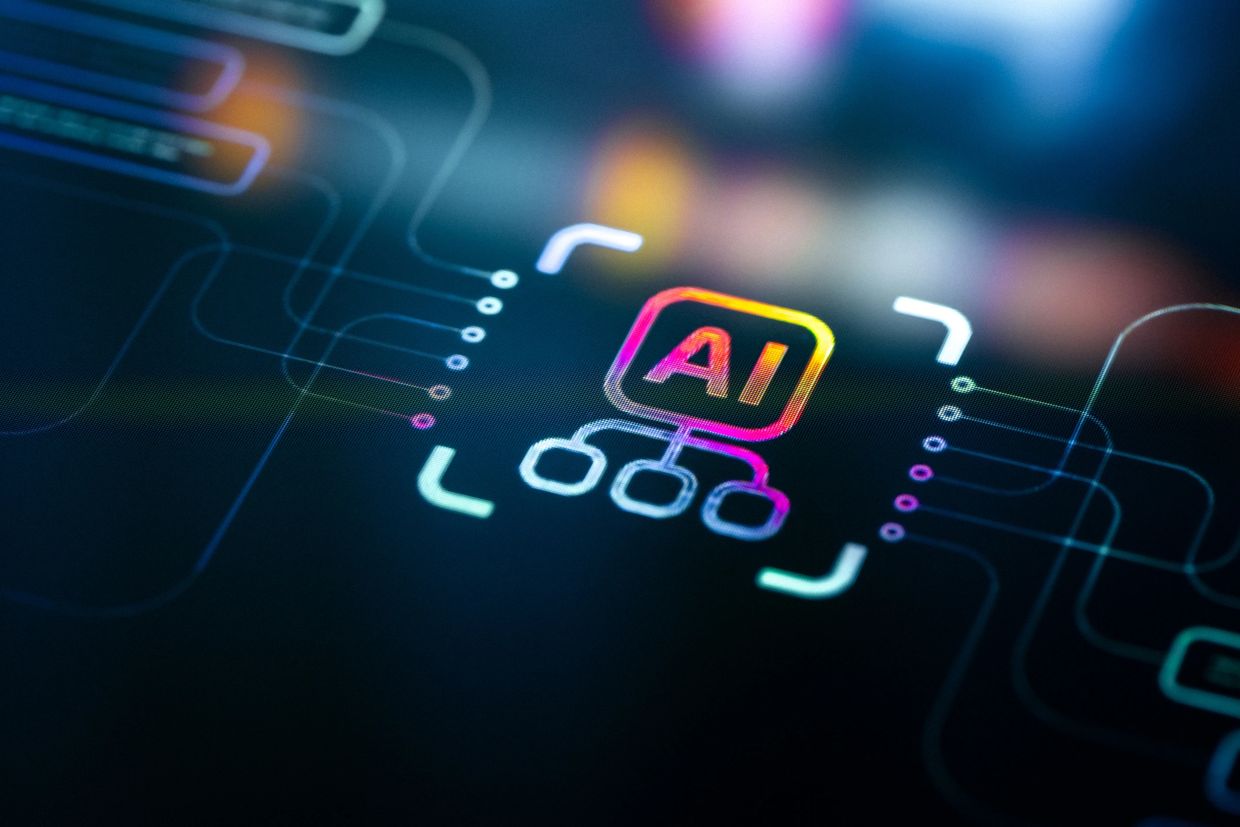 Colorful AI circuit icon on digital interface.