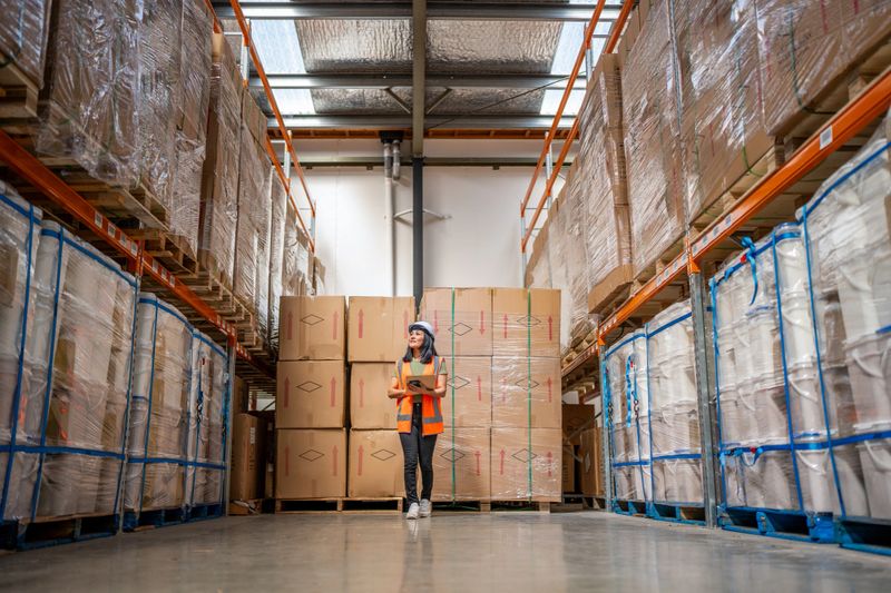 A logistics worker walks through a warehouse aisle lined with stacked boxes