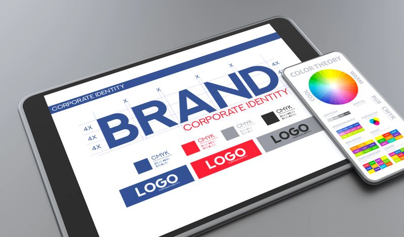 This sophisticated 3D illustration visualizes the comprehensive process of creating a corporate brand identity. A digital tablet prominently displays a "BRAND" logo blueprint with technical layout guides and CMYK color codes, while a smartphone showcases a detailed color theory application. The composition emphasizes the synergy between modern technology and artistic strategy in professional graphic design. The sleek devices are set against a clean background, conveying a sense of precision and modern business standards. Perfect for creative agencies, marketing firms, branding consultants, and design portfolios. Ideal for visualizing the development of a strong market presence, visual strategy, and the technical aspects of digital branding.