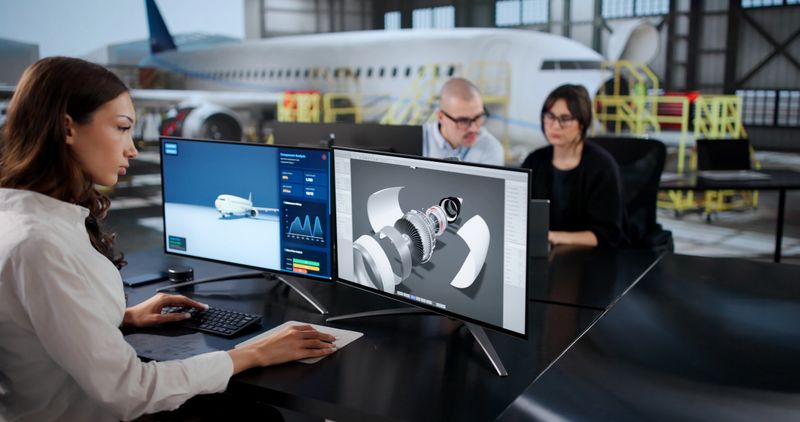 Aircraft Engineers Perform Technical Maintenance Check On Screen With Diverse Group.