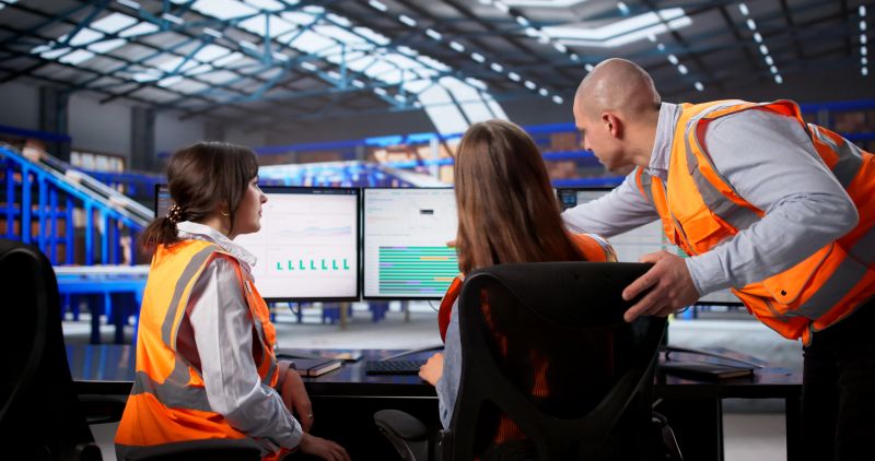 Female Logistic Manager Monitors Inventory Using Desktop Computer In Warehouse