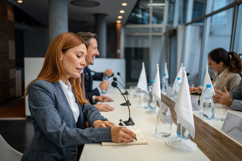 Delegates and politicians attending a diplomatic conference, participating in important negotiations and debates while writing notes at a long table with microphones and flags