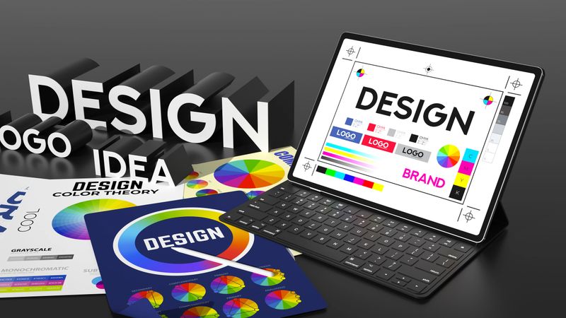 This professional 3D illustration visually represents the comprehensive workflow of graphic design and digital branding. It features a sleek digital tablet equipped with a keyboard, displaying a layout for logo creation and brand identity, complete with CMYK color bars. Surrounding the device are bold 3D text blocks spelling "DESIGN," "LOGO," and "IDEA," alongside printed sheets detailing color theory and palettes. The composition emphasizes the synergy between modern technology and artistic strategy in a professional workspace setting. Perfect for marketing agencies, design studios, art schools, and software developers. Ideal for promoting web design services, corporate identity strategies, and the innovative tools used by today's design professionals to achieve success and quality in their projects.