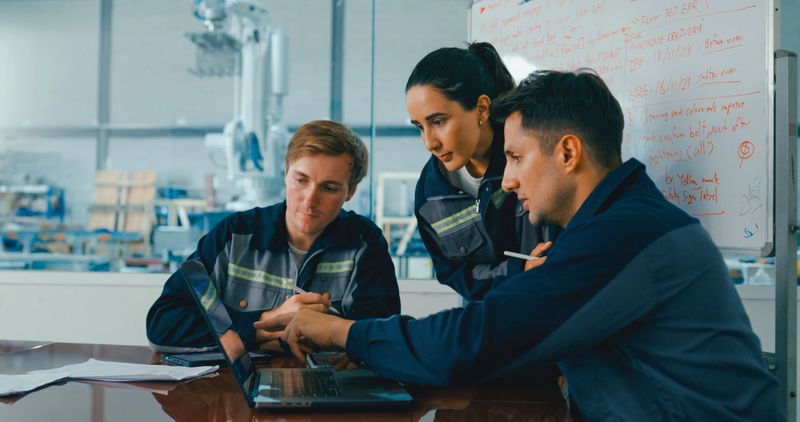 Group of engineers in factory meeting, collaborating and analyzing data on laptop, focusing on project development and teamwork. Robotic Industrial Factory Concept.