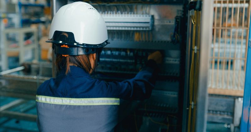 Young Asian female technician in factory, adjusting and examining an electrical control panel to ensure proper function and safety. Robotic Industrial Factory Concept.