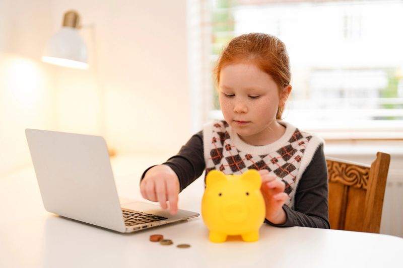 A young girl is at a desk with a laptop in front of her. She is placing coins into a yellow piggy bank. Sunlight is coming through the window.