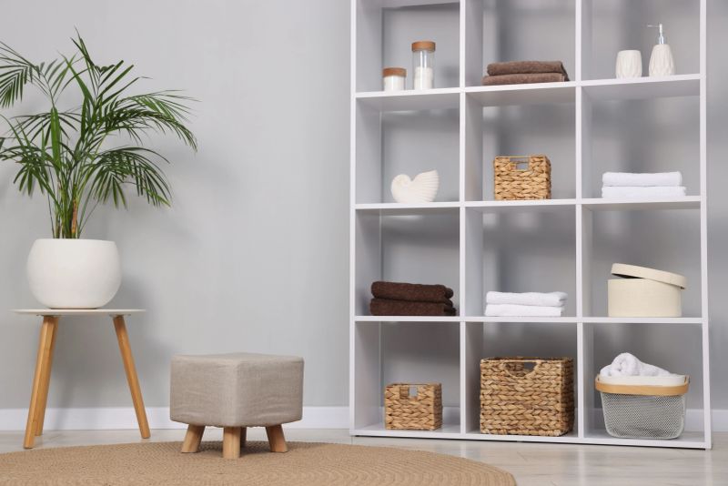 Shelving unit with decor near light grey wall
