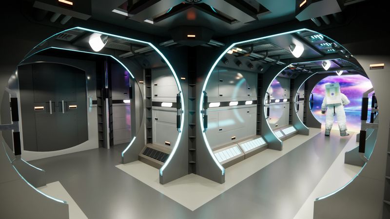 Spaceship flying over earth with open bay doors revealing sunrise. 3d rendering