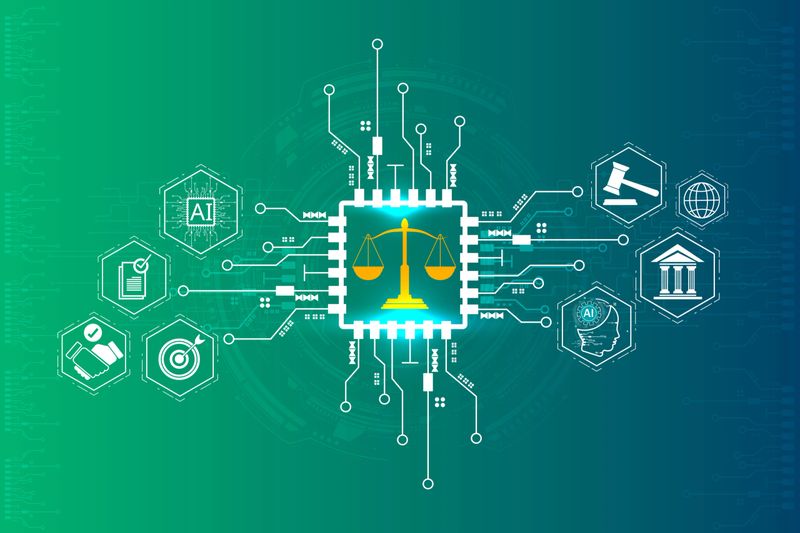 Abstract law and artificial intelligence background with scales of justice inside microchip and connected icons, concept of legal tech, compliance, regulation, smart contracts, and digital governance.