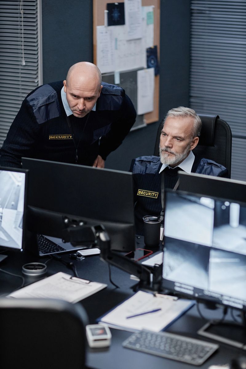 Middle aged Caucasian men wearing security uniforms monitoring surveillance footage on multiple computer screens in control room, focusing on screens