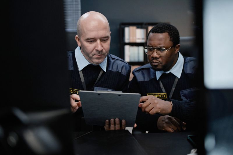 Middle aged Caucasian man and middle aged Black man wearing security uniforms analyzing information on digital tablet together in control room, focused on screen