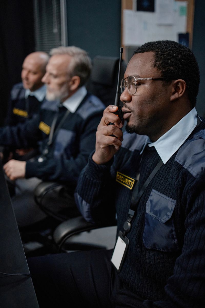 Middle aged Black man using walkie talkie while sitting at desk with two middle aged Caucasian men in security uniforms, working in control room, monitoring situation together
