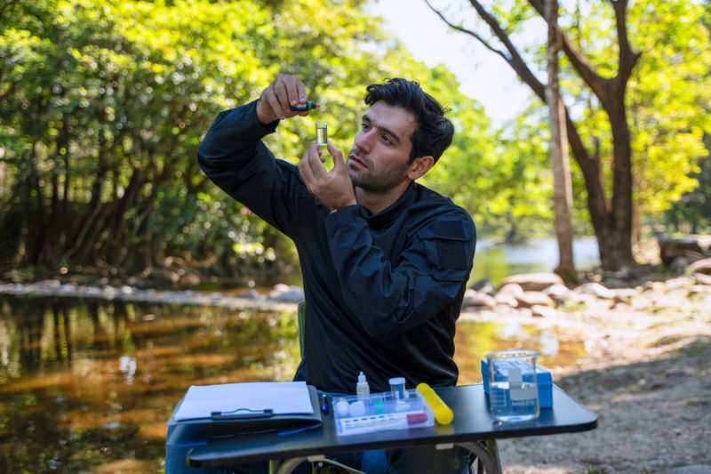 The environmentalist is testing a water Stream in the forest. Environment, science.