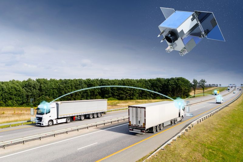 Satellite fleet tracking concept. Real-time monitoring of vehicles