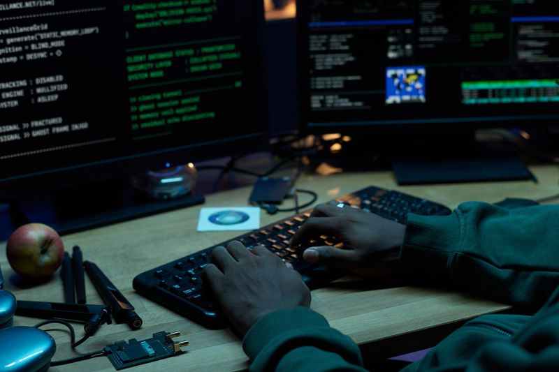 Black man typing on keyboard using desktop computer with multiple monitors displaying programming code and cybersecurity interface, hands on desk with electronic components