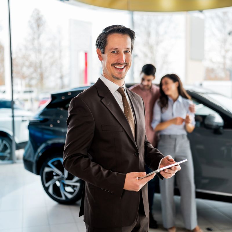 Mid adult car salesman smiling, holding tablet while young couple looks at new car in modern auto showroom