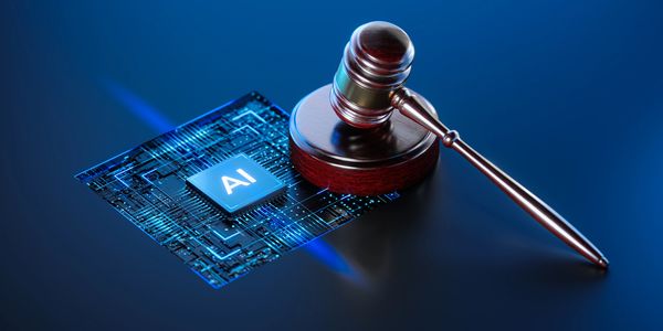 A judge's gavel placed next to a glowing AI chip on a circuit board.