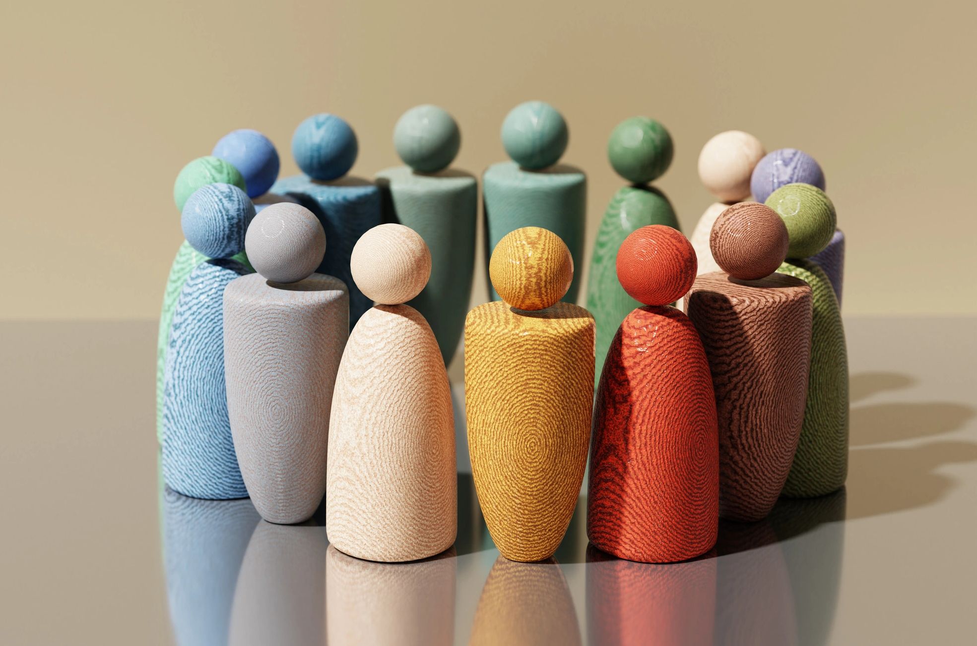 Multicolored wooden figurines arranged in a circle.