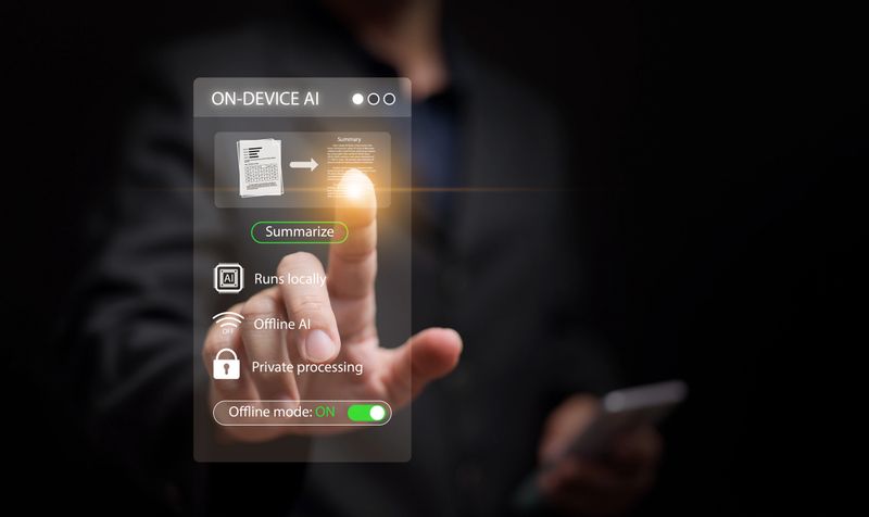 On-device AI technology with secure offline operation. Private data processing, and artificial intelligence runs locally for cybersecurity and digital privacy. Man with smartphone using embedded Ai.