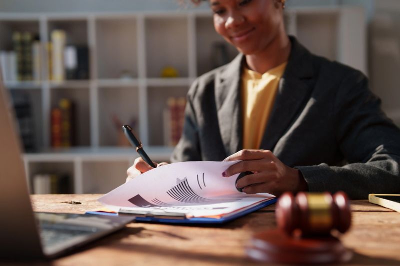 Young adult woman lawyer or businesswoman signing important legal documents, contracts, or agreements at her office desk with a gavel nearby, representing justice and law