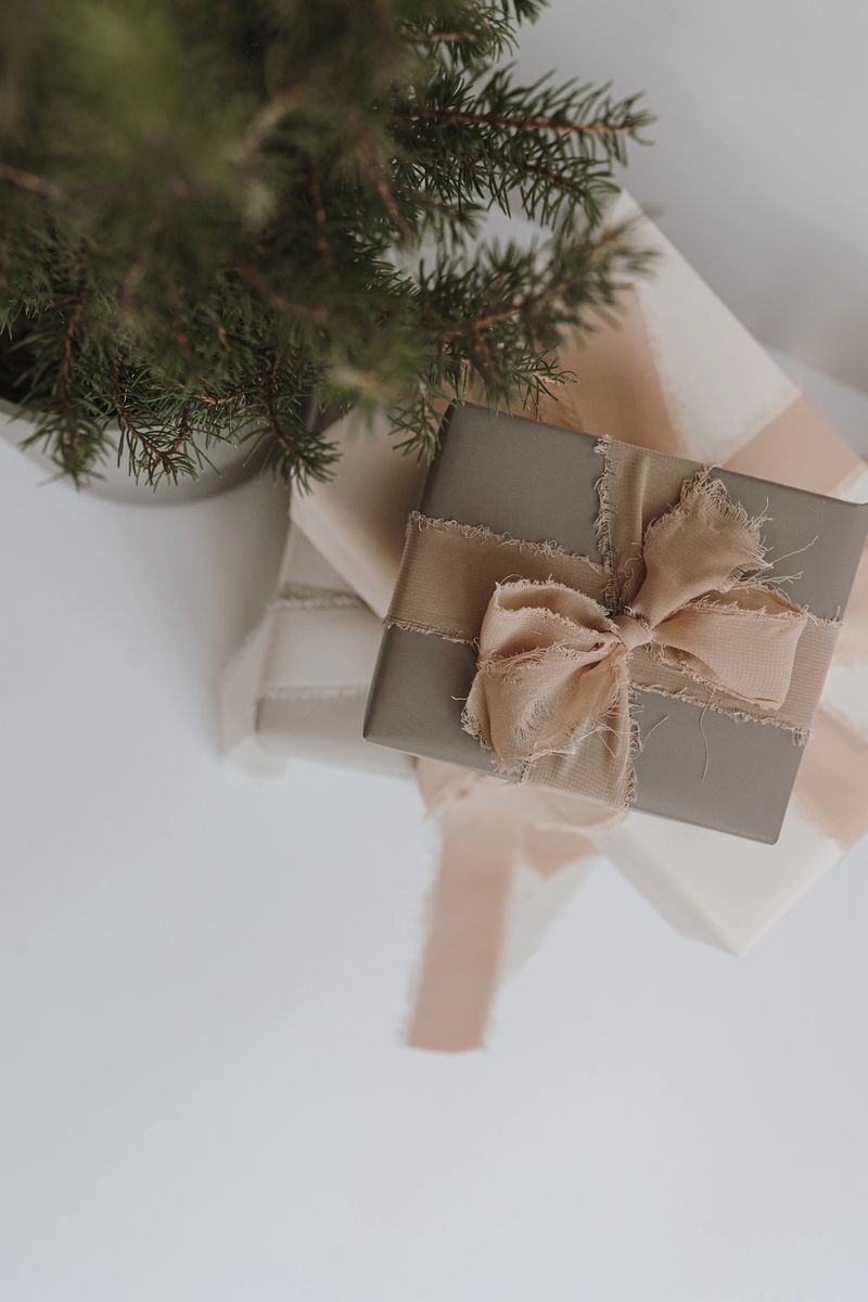 A close-up, top-down view of festive evergreen branches gently resting on elegantly wrapped gift boxes. One box, a muted grey, is tied with a textured, neutral-toned ribbon forming a beautiful bow. Another gift, wrapped in paper with subtle beige stripes, lies beneath. The scene evokes a sense of refined holiday cheer and anticipation, perfect for seasonal promotions or winter-themed content.