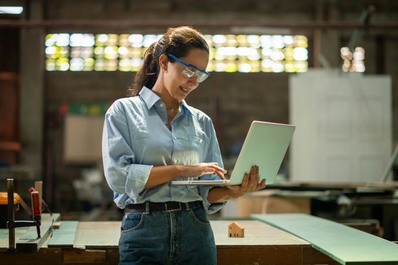 Carpenter supervisor works holding laptop while reviewing project detail blending modern digital technology with hands-on craftsmanship.