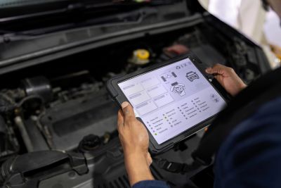 Person using a tablet for car diagnostics.
