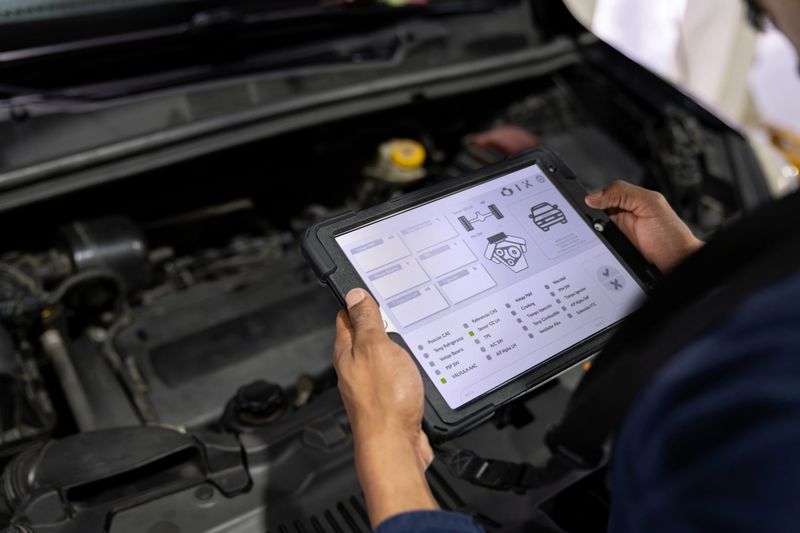 Close-up on a mechanic using a scanner while making a diagnosis on a car at the auto repair shop
