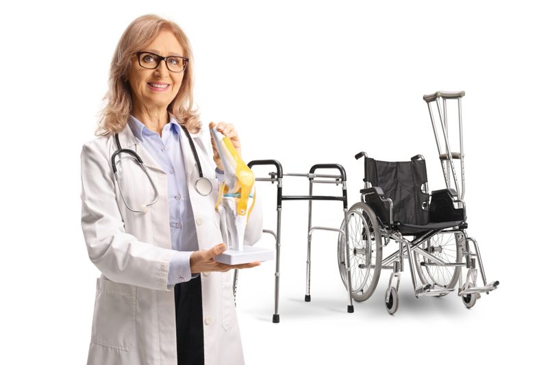 Female doctor showing a model of a knee joint with orthopedic equipment isolated on white background