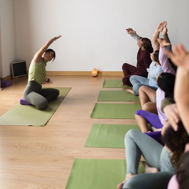 Yoga instructor leads a seated side stretch with a small group on mats.