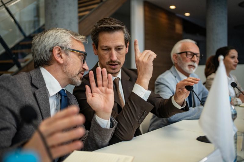 Business executives in suits around a boardroom table engaged in a serious discussion, raising hands and gesturing during a debate or strategy meeting, showing collaboration and conflict