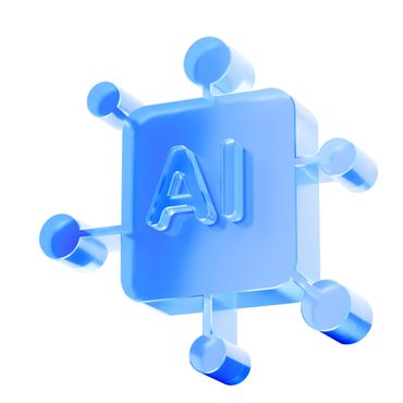 Blue 3D AI chip icon with connected nodes.
