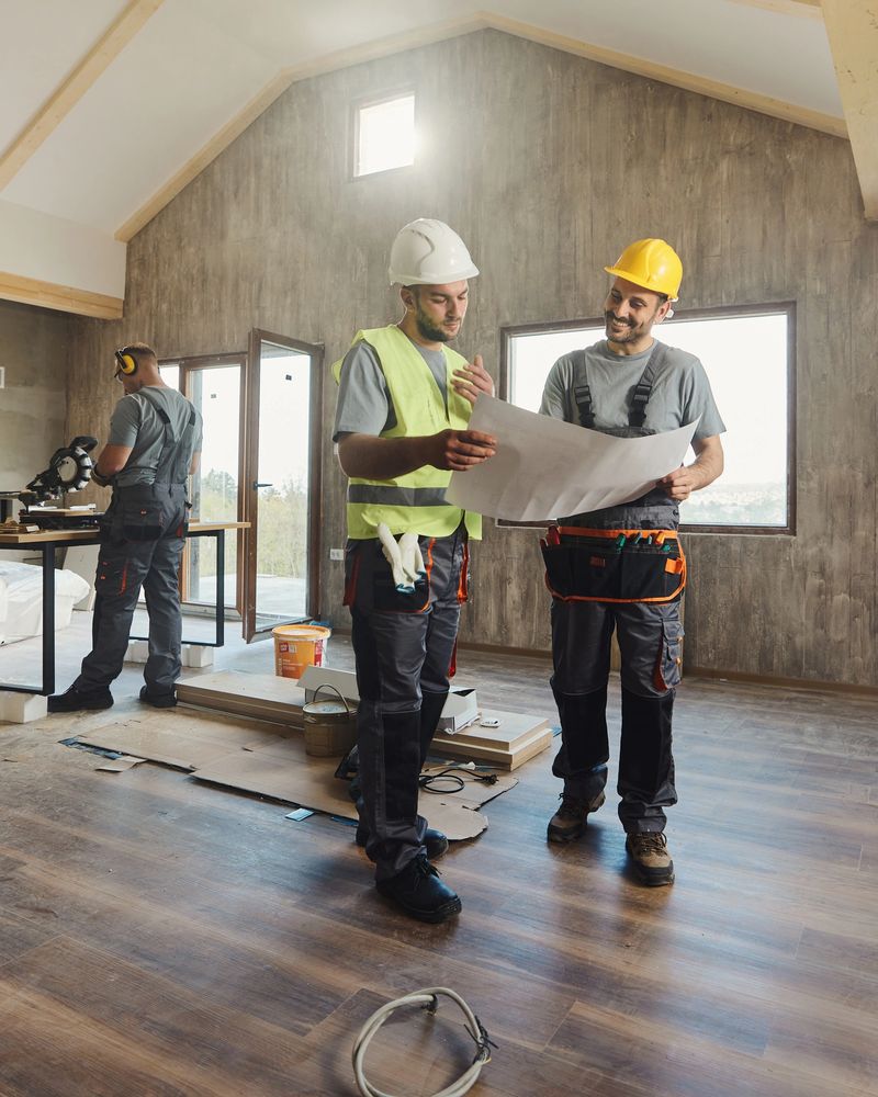 Construction workers cooperating while reading blueprints at renovating house.