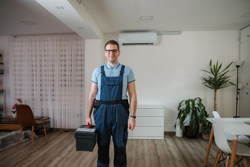 Technician with toolbox standing in a modern living room ready for work