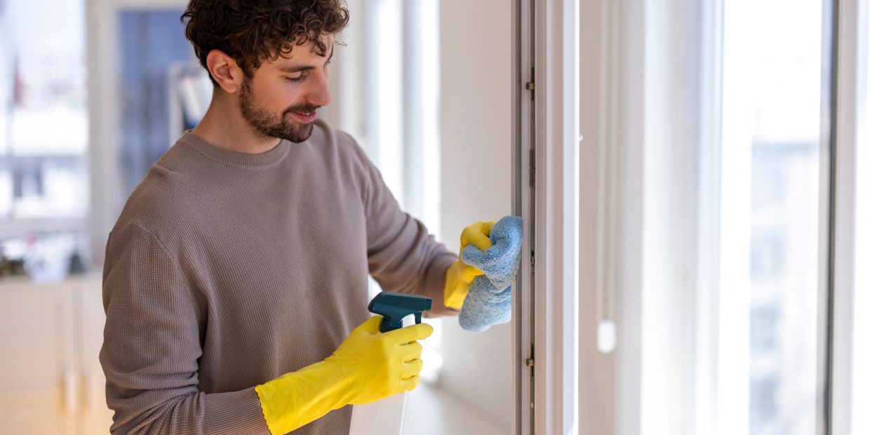 Man cleaning a window with yellow gloves.