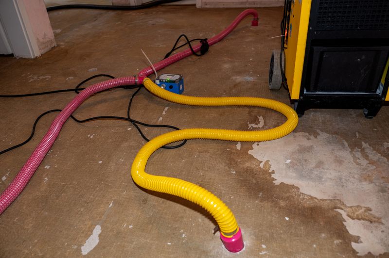 Water damage restoration using a professional industrial building drying unit with dehumidifiers and pipes to remove water and moisture from the wet floor and screed