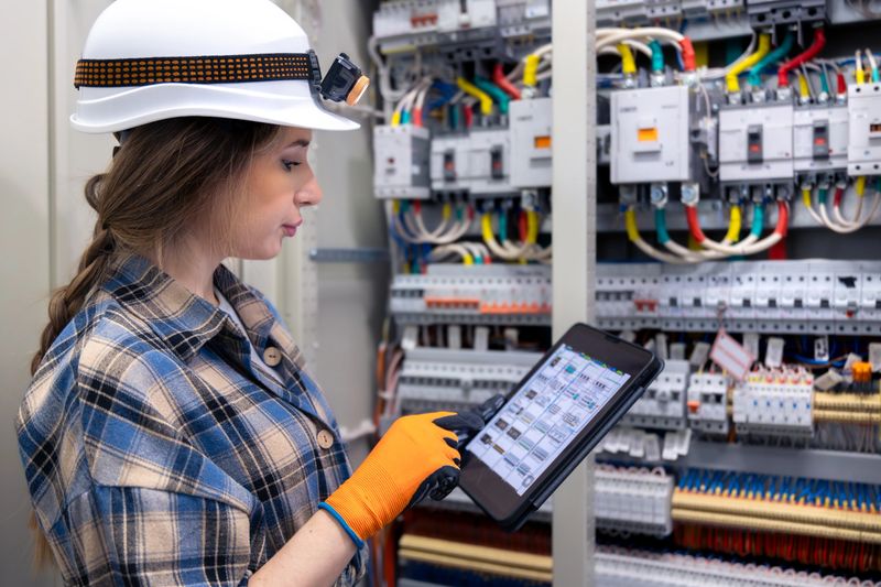 An electrician in a hardhat taps a tablet screen while comparing live data with a control panel nearby. Bright industrial lighting supports automation, quality control and iot monitoring themes.