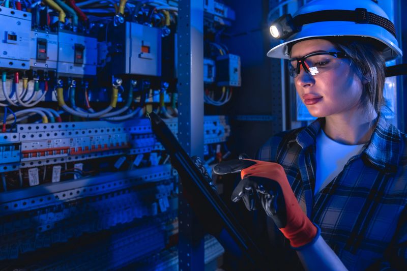 A woman engineer in a hard hat headlamp and goggles uses a tablet near wiring under blue light. Tech mood supports smartgrid cloud ai and cybersecurity concepts.