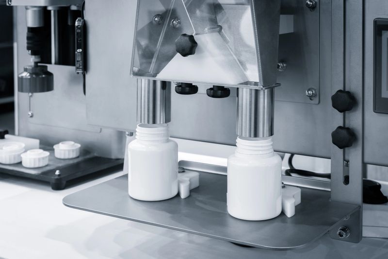 pharmaceutical industry, medicine pills are filling in the  bottle on production line machine conveyor at the medical factory. selective focus.