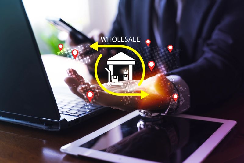 Businessman using smartphone and laptop with wholesale icon and location pins, representing global B2B supply chain, inventory, shipping, and distribution management technology.