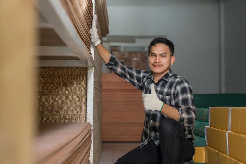 Asian male carpenter kneeling near stacked wood panels and giving positive hand gesture, woodworking business owner showing confidence in material quality inside interior furniture material store