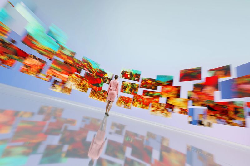 A modern futuristic digital installation where technology and art intertwined. A visitor watching a futuristic digital installation and visual flow created digitally with technology in a modern art gallery. Numerous rectangular digital panels extending in a circle display abstract artworks composed of orange, red, and blue tones.  The reflection of the  digital panels are visible on the floor.