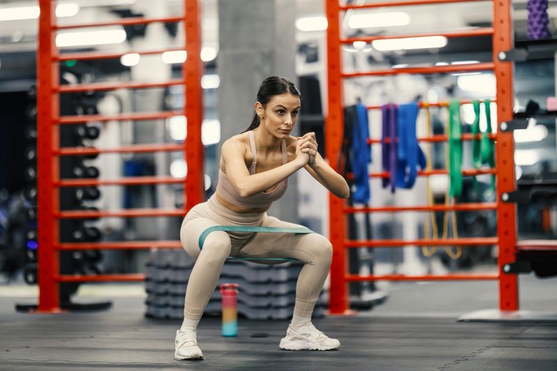 Young adult woman focusing on her fitness routine, performing squats with a resistance band around her thighs, building strength and toning her leg muscles in a modern gym