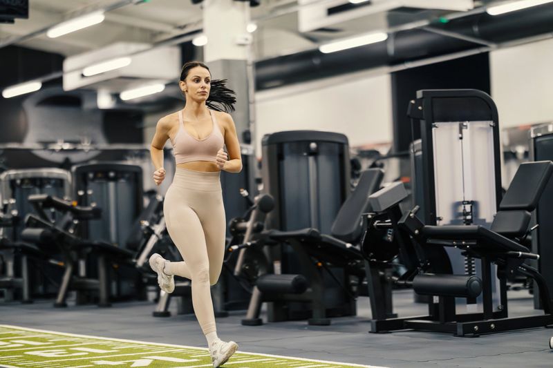 Young athletic woman training her body, staying fit and active, doing cardio exercise on the indoor track in a health club with fitness equipment in the background