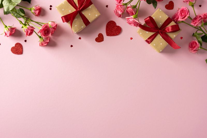 A romantic Valentine scene with a soft pink backdrop, pink roses, gift boxes with red ribbons, and heart accents. Ideal for love, gifts, celebration, and Valentine campaigns