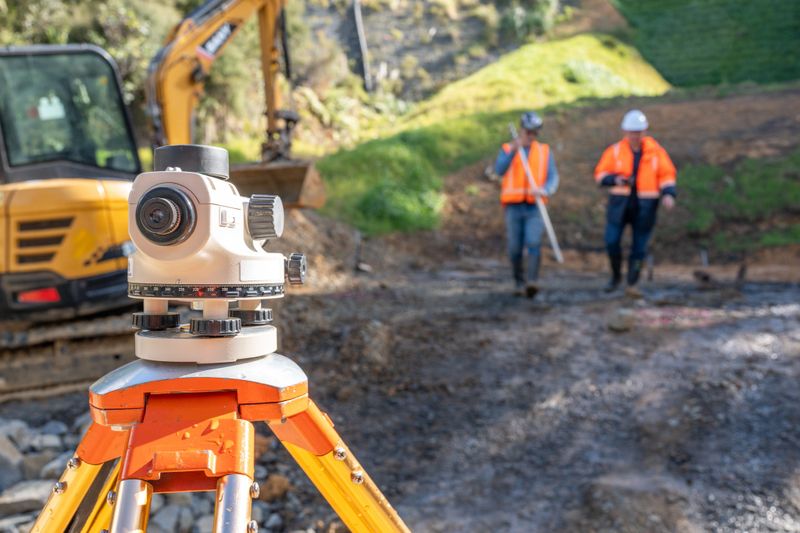 Surveying equipment mounted on a tripod with contrustion workers in the background