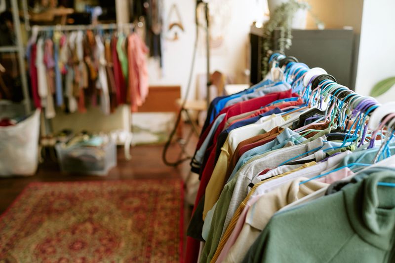 Assorted second hand clothing hanging on rack in thrift store setting, various garments organized on hangers with blurred background showing additional used clothes and storage bins