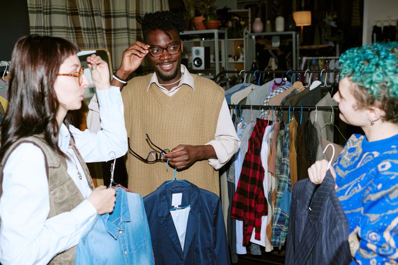 Diverse young adults browsing and discussing second hand clothing in thrift store, holding garments on hangers, smiling and interacting