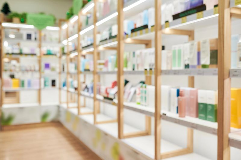 Shelves displaying various skincare and beauty products in modern retail store, packaging arranged neatly on illuminated wooden racks, empty aisle in foreground